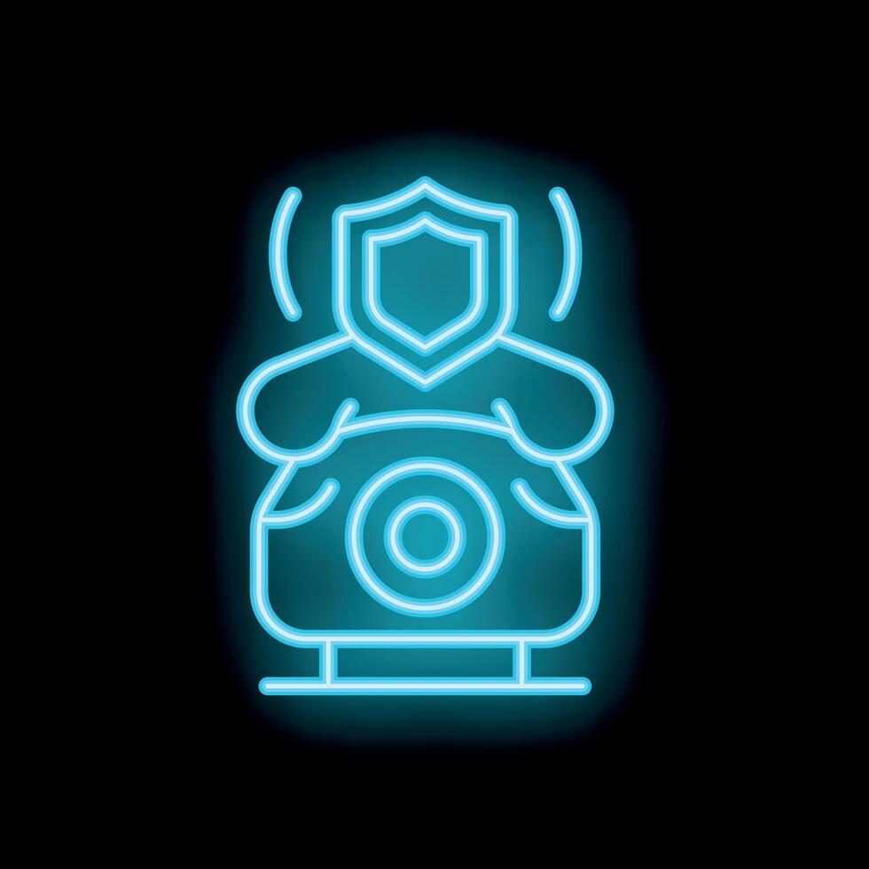 Blue neon sign of a vintage phone with a shield protecting it on a black background vector