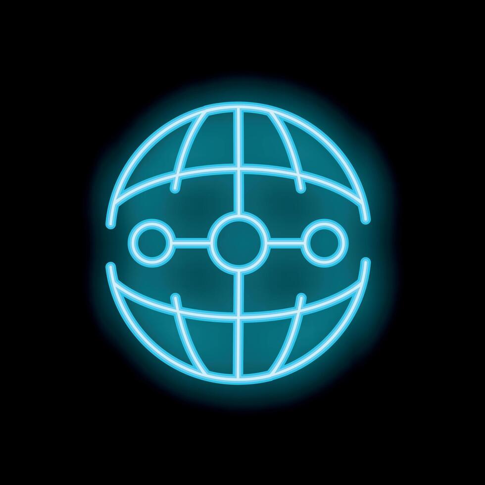 Neon blue glowing global network connection icon on black background vector