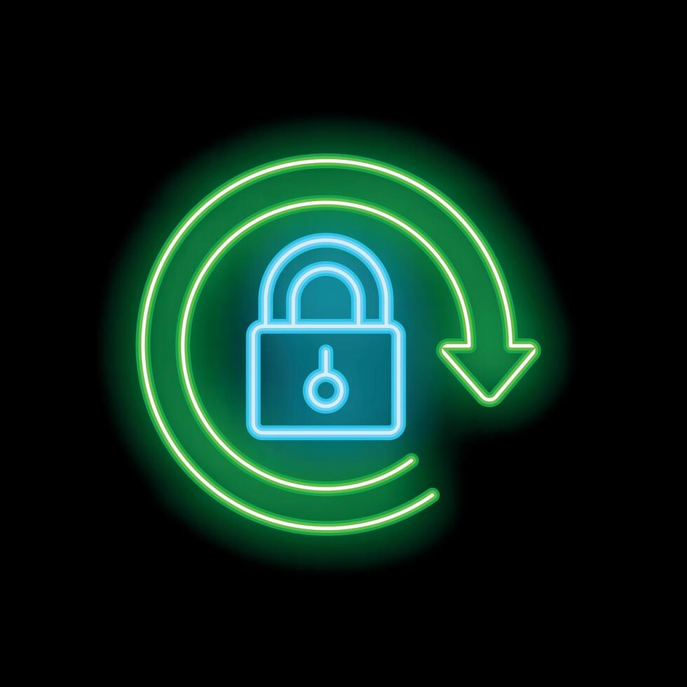 Neon green circular arrow surrounding blue padlock icon on black background vector