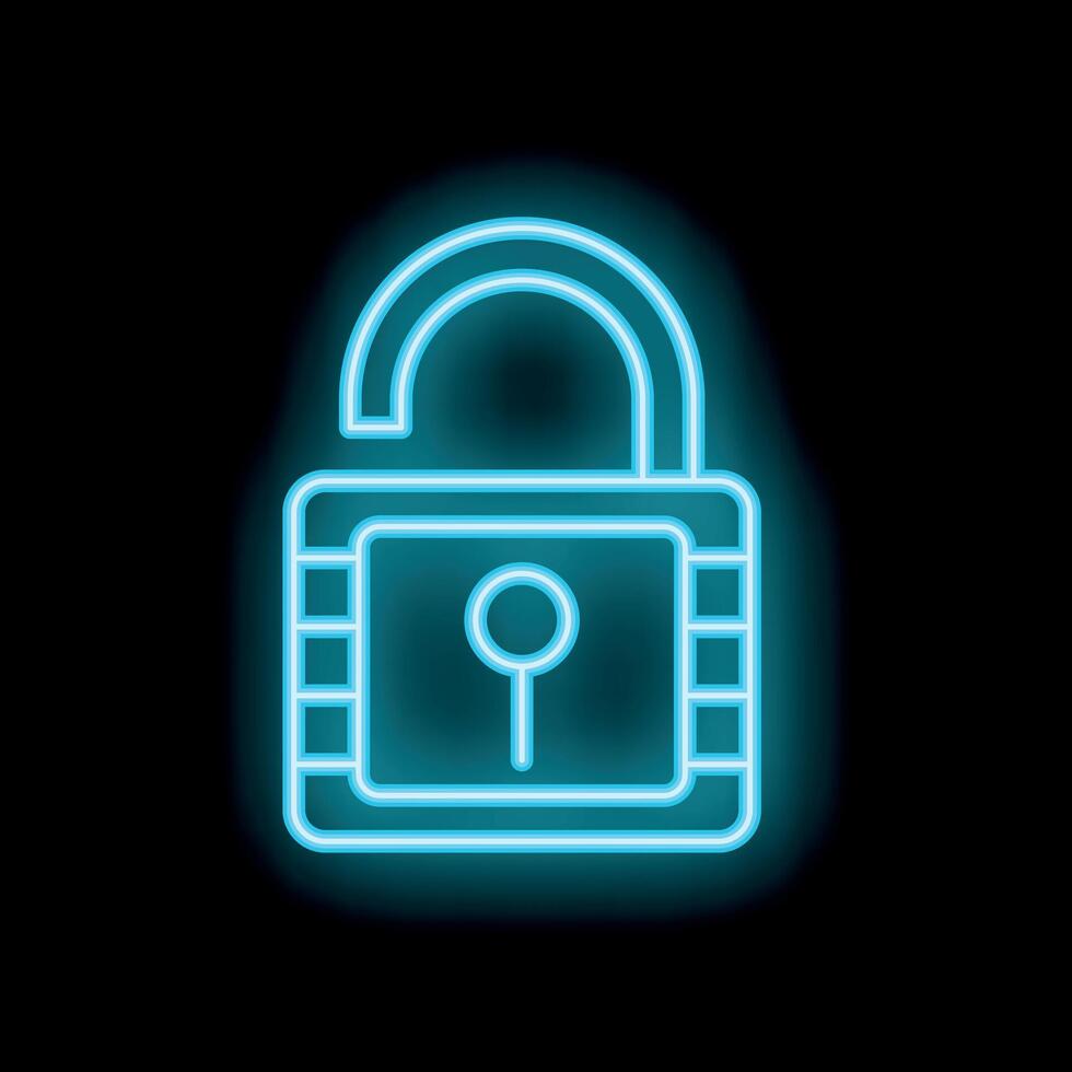 Neon open padlock shining on black background vector
