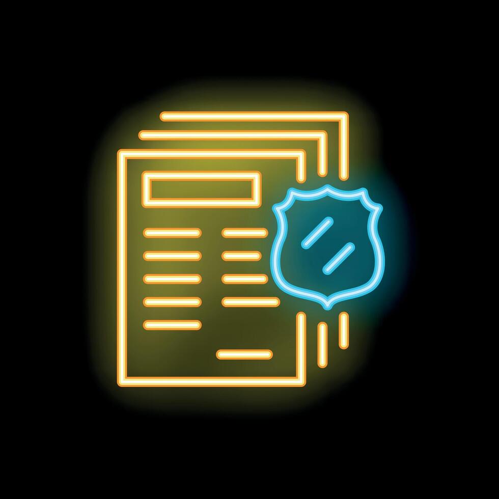 Neon icon of police report document with badge representing law enforcement vector
