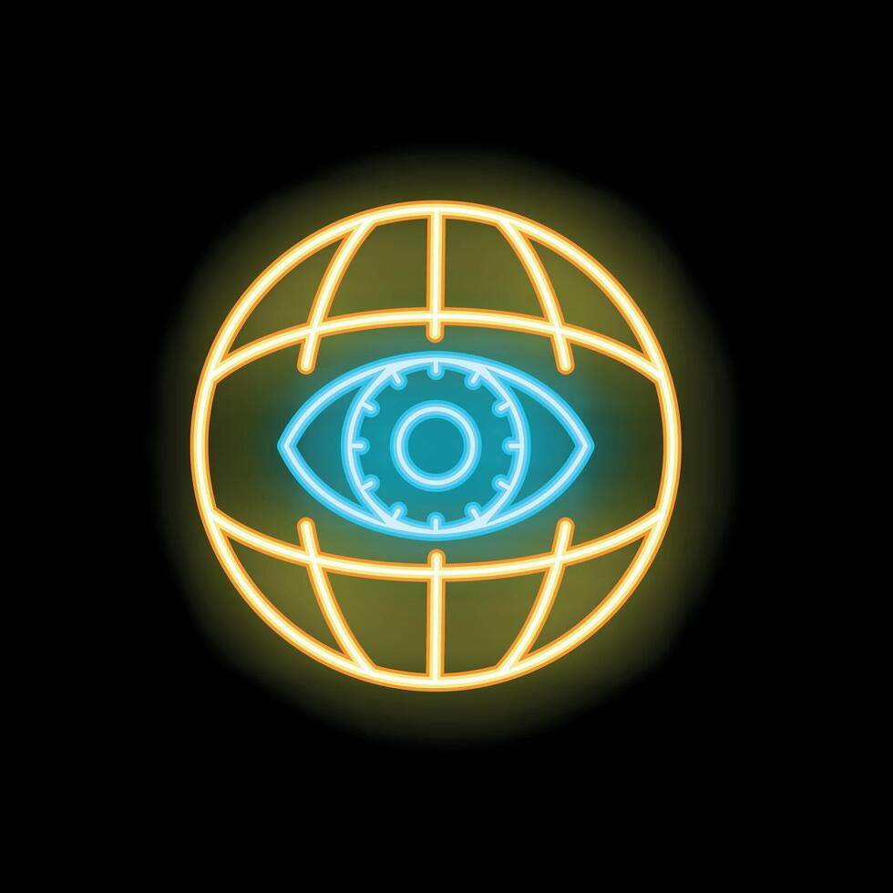 Neon icon of eye watching over world representing global surveillance vector