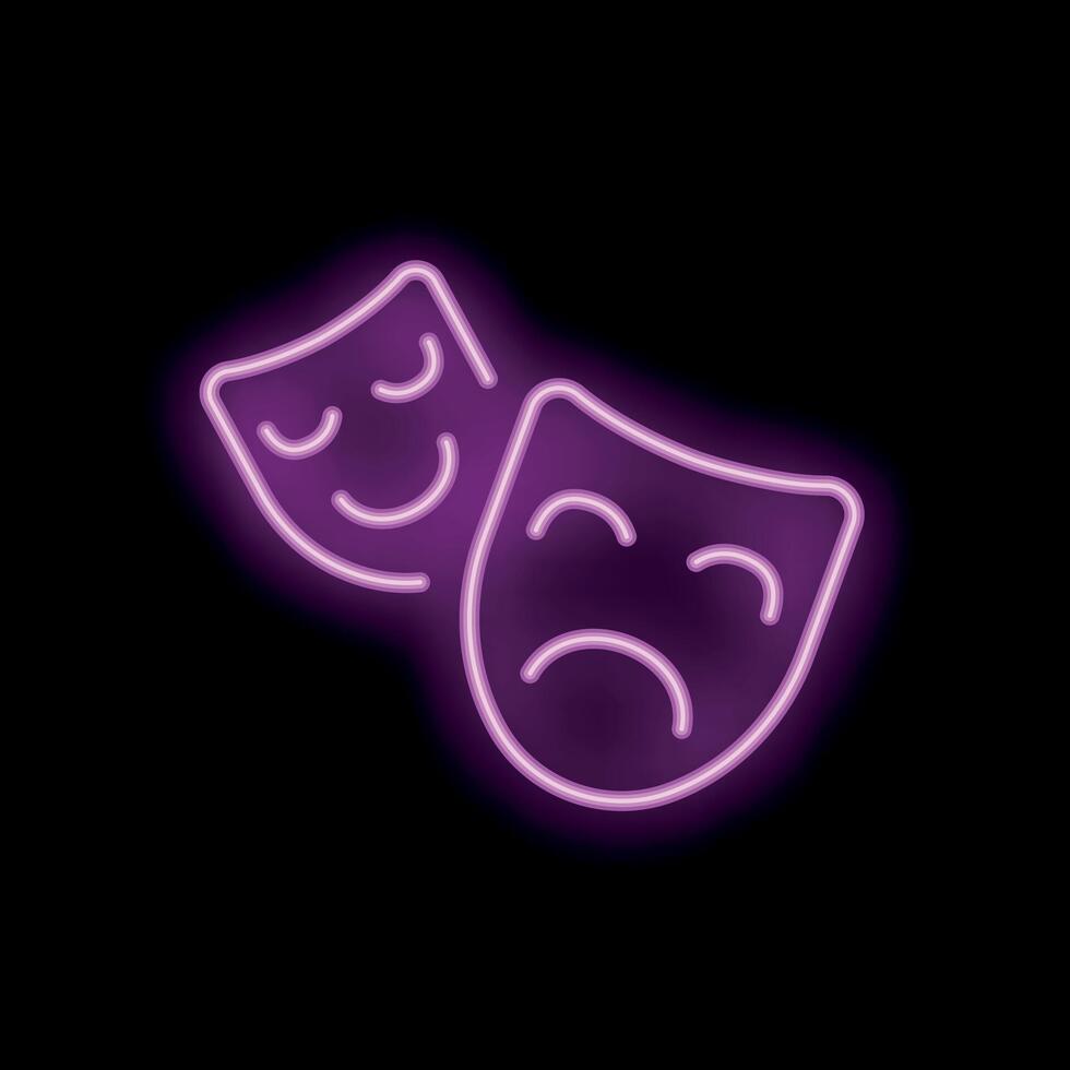 Pink neon sign showing comedy and tragedy theater masks on black background vector