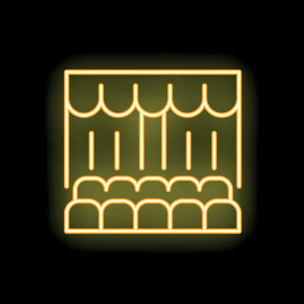 Yellow neon sign of theater stage with closed curtain and rows of seats on black background vector