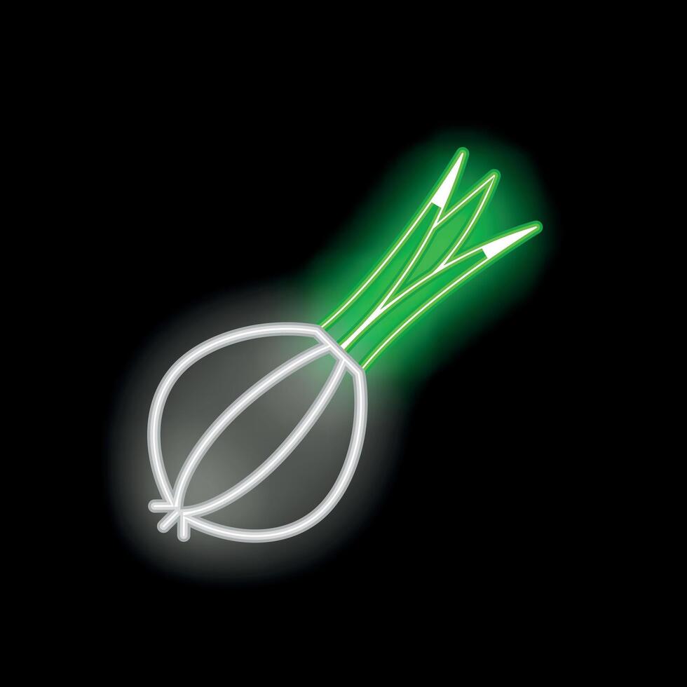 Green neon onion glowing on black background vector