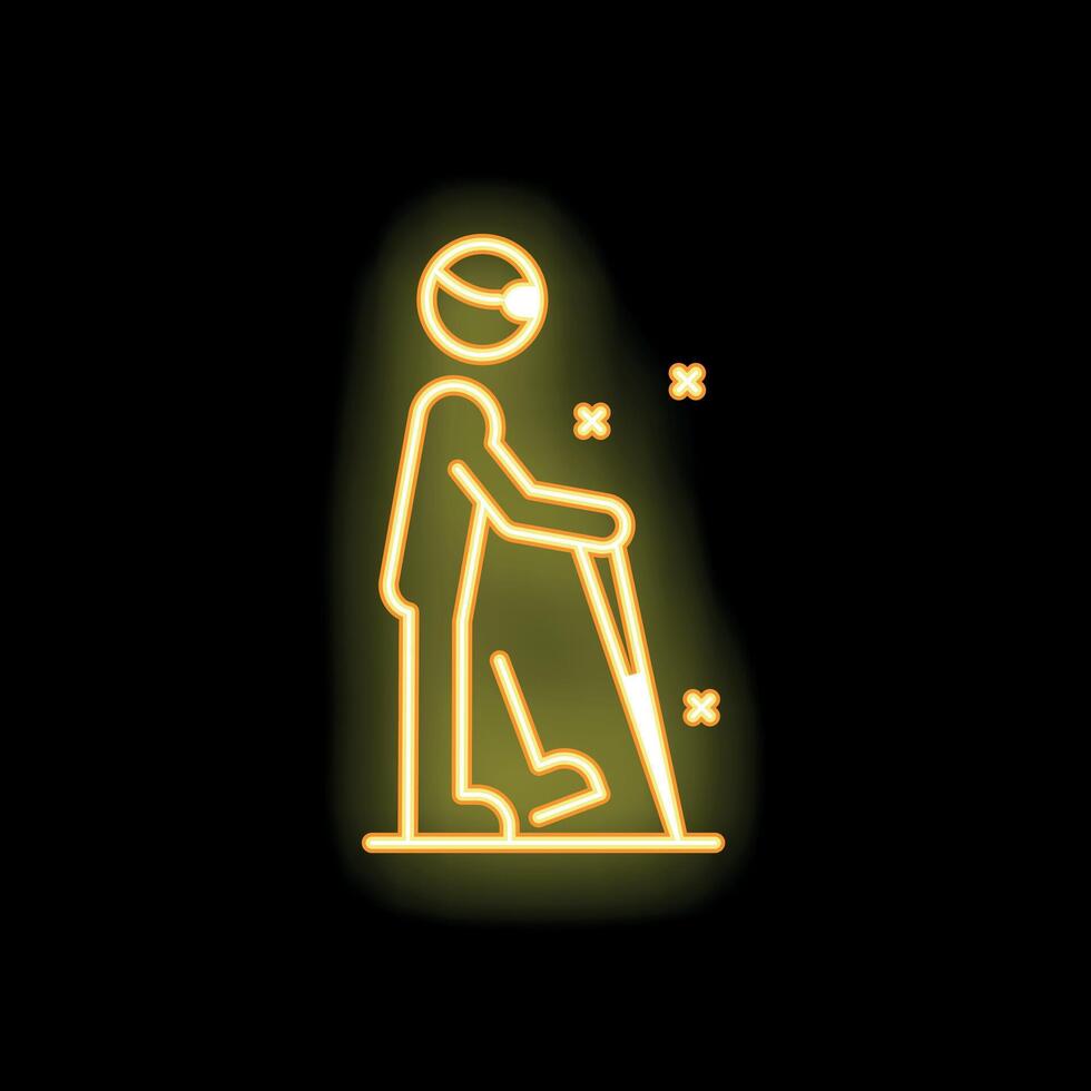 Blind person walking with cane neon sign on black background vector