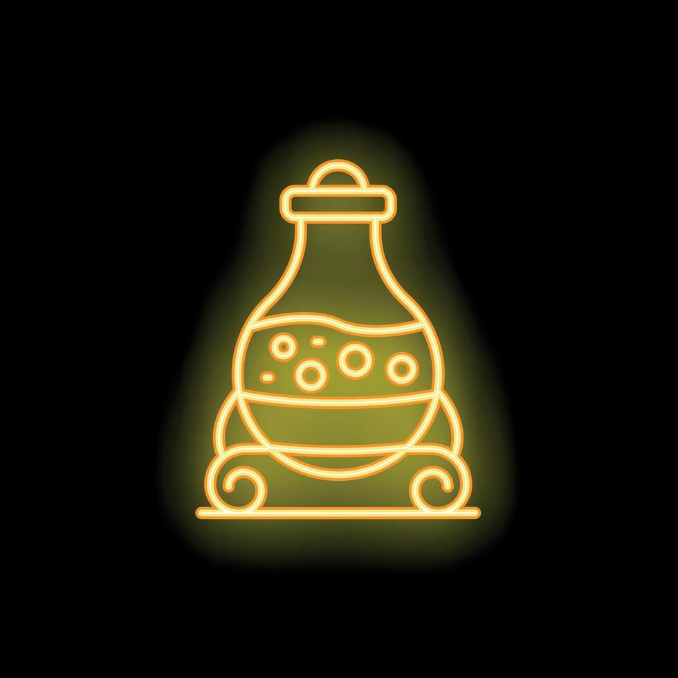 Yellow neon sign of a magic potion bottle brewing over fire on black background vector