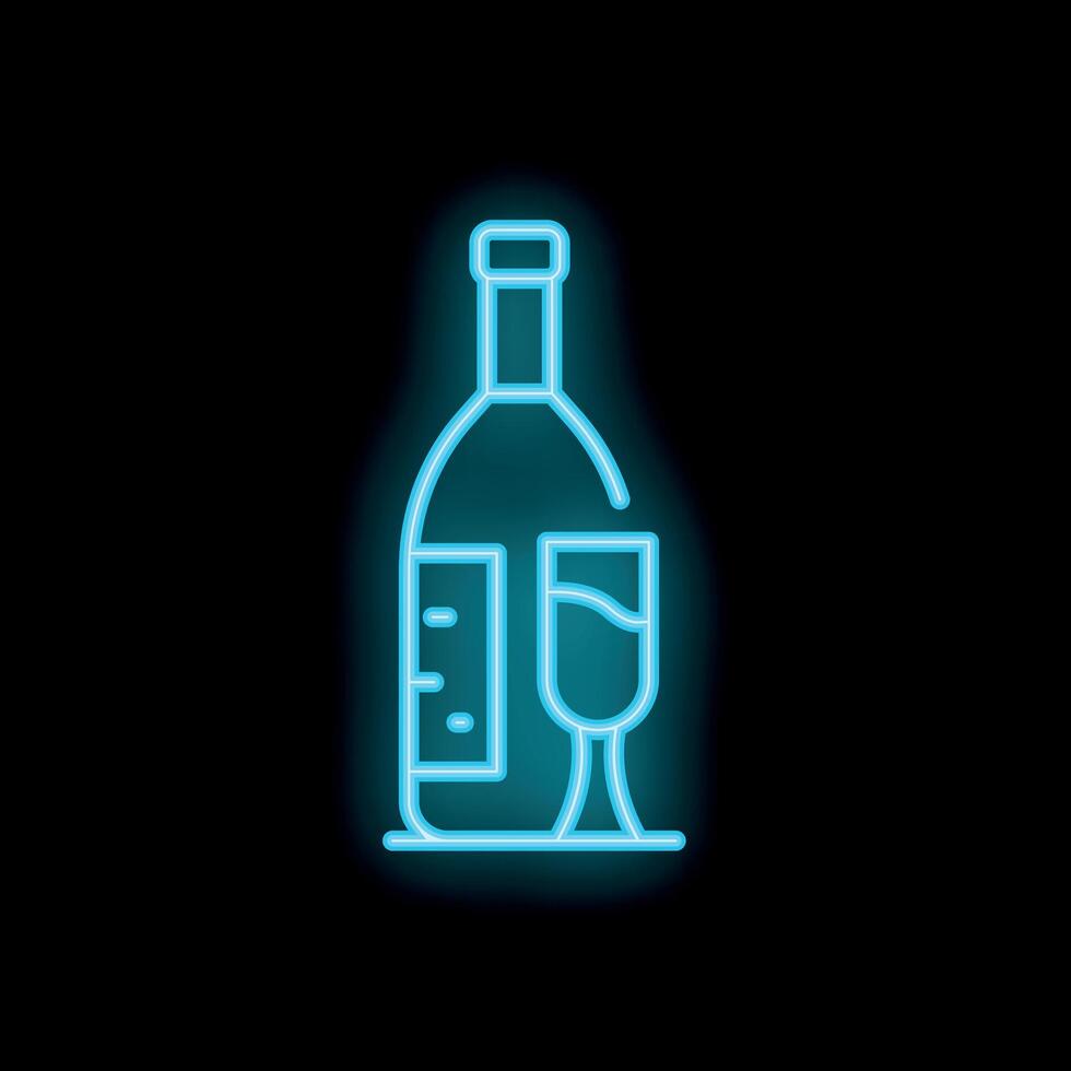 Blue neon sign of a wine bottle and glass on a black background vector