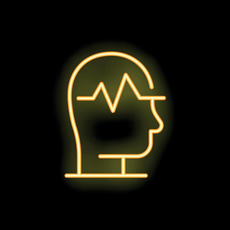 Neon icon of human head with heartbeat line representing mental health vector