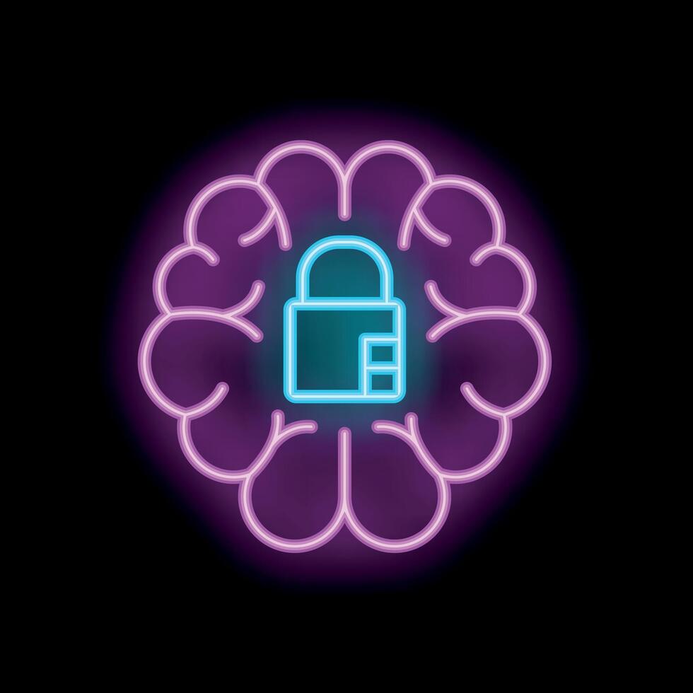 Neon padlock inside glowing brain representing data security concept vector