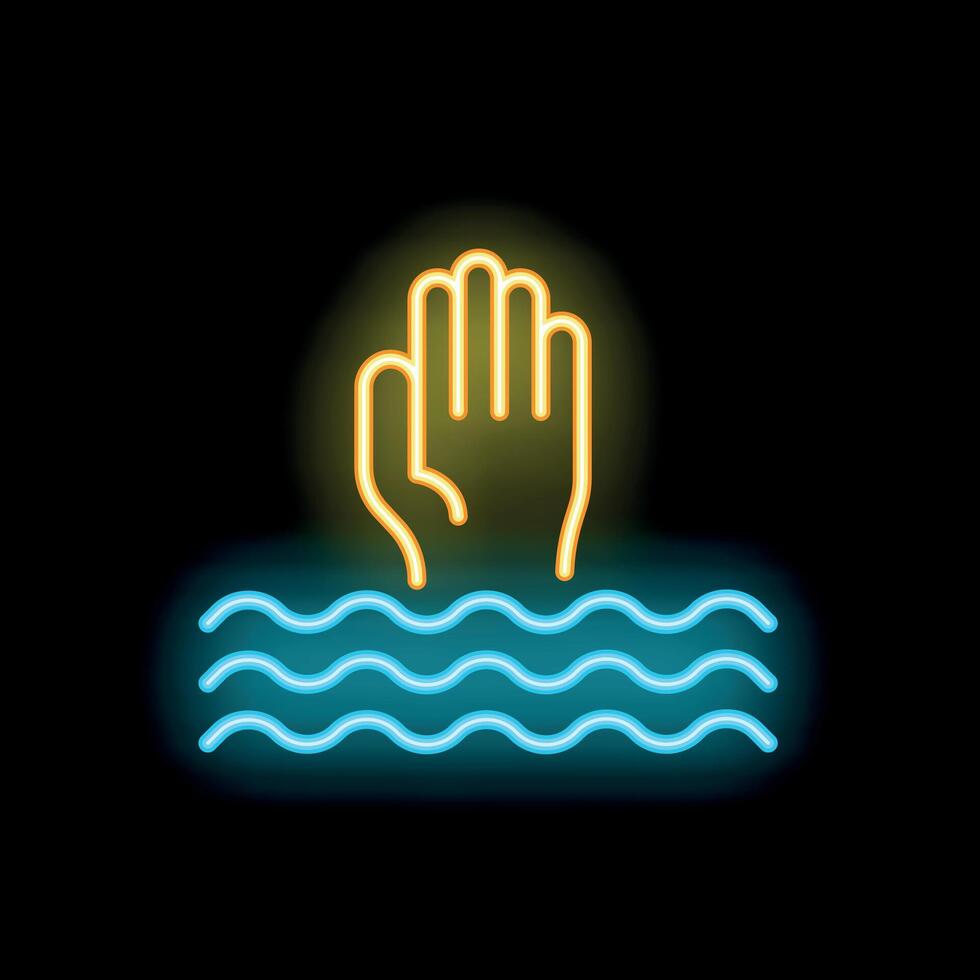 Neon icon of hand reaching up from water waves vector