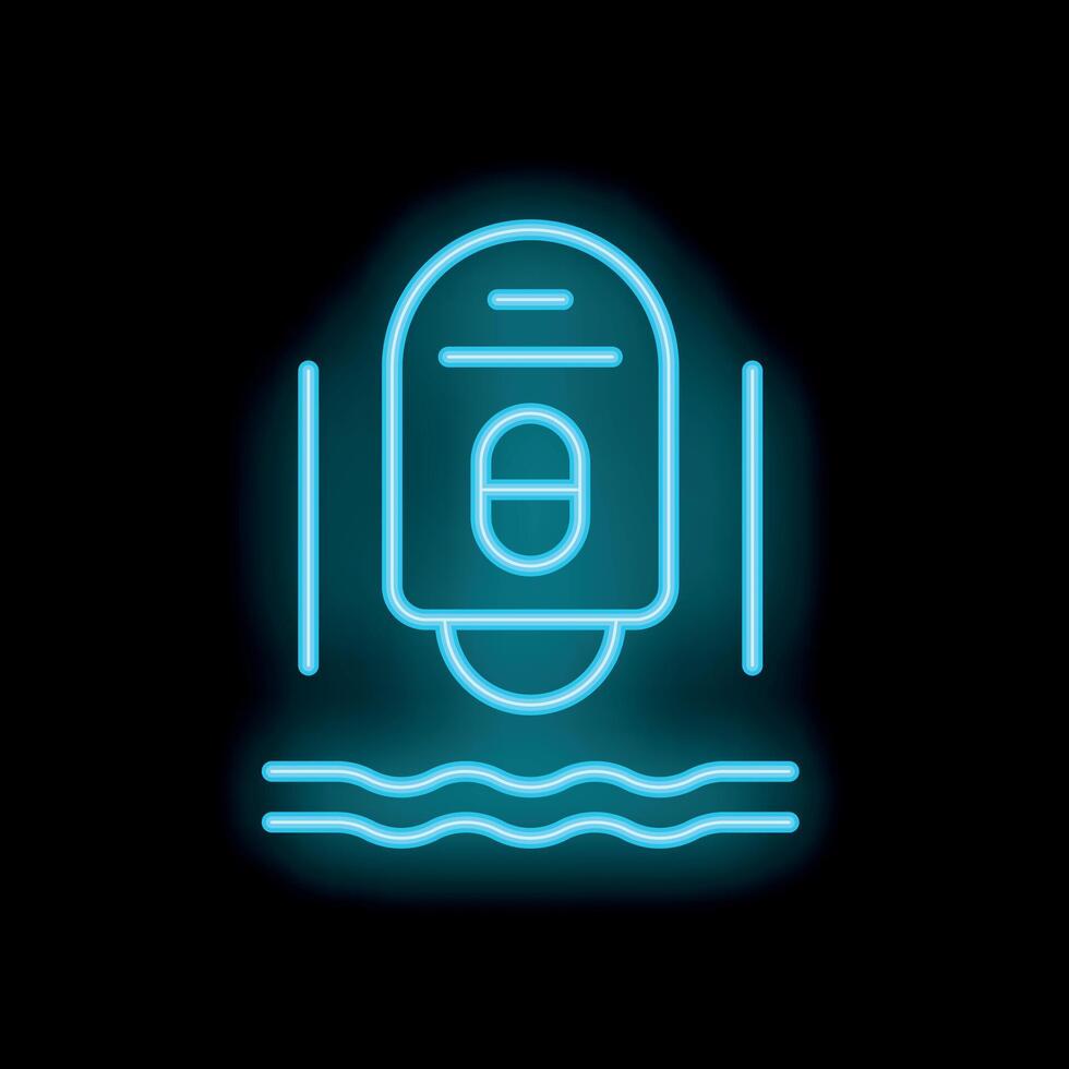 Neon icon of water purifier cleaning water with waves on black background vector