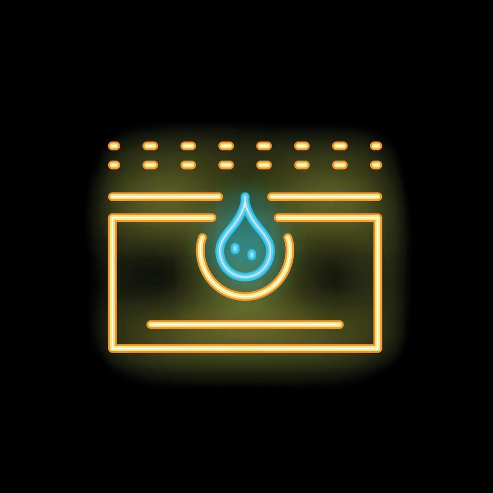 Neon icon of water droplet falling on absorbent fabric surface vector