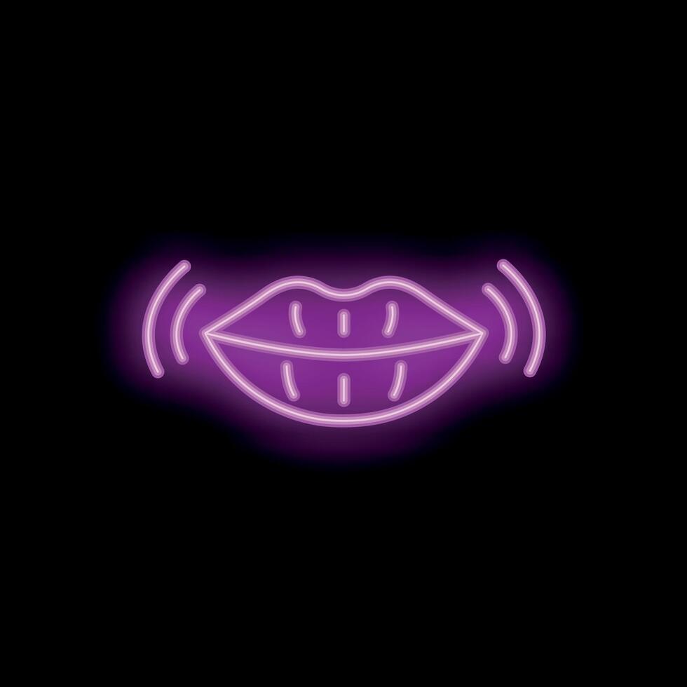 Neon sign showing lips speaking with sound waves on black background vector