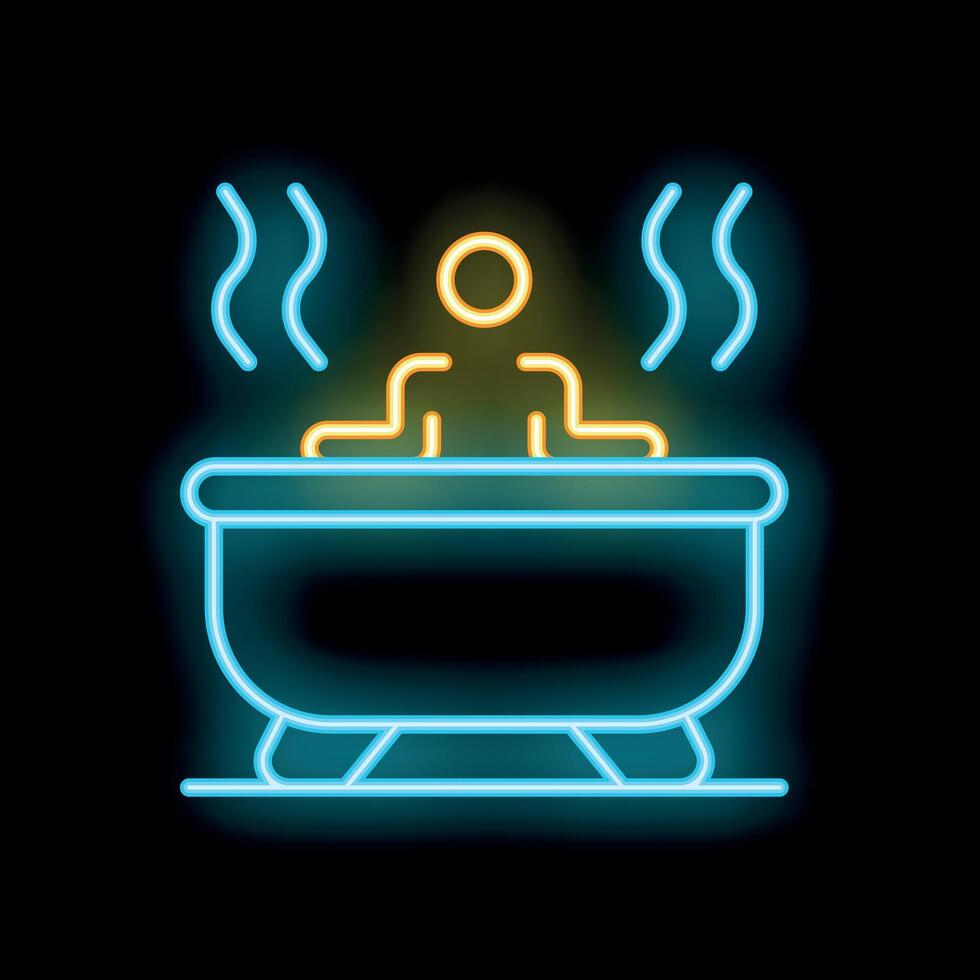 Man relaxing in hot bath with steam in neon style vector