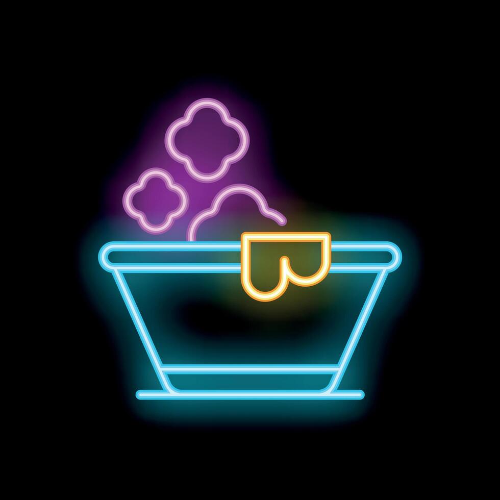 Neon bathtub with towel hanging on side and steam coming up vector