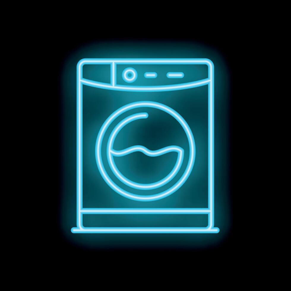 Washing machine glowing with blue neon light on black background vector