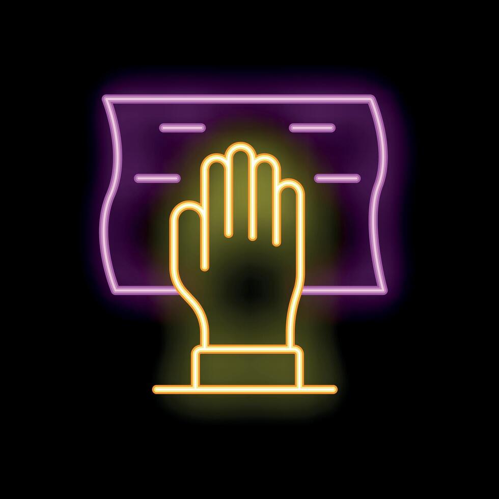 Neon sign of hand wiping with cloth on black background vector