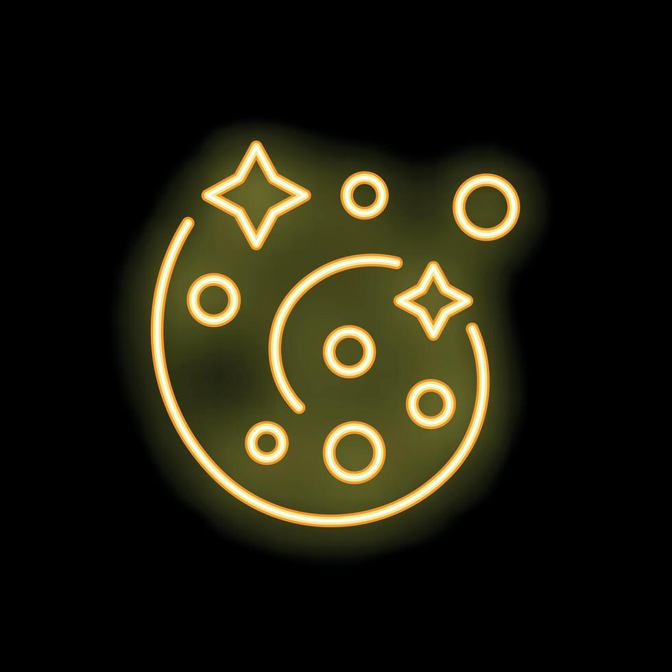 Yellow neon sign showing spiral galaxy with stars on black background vector