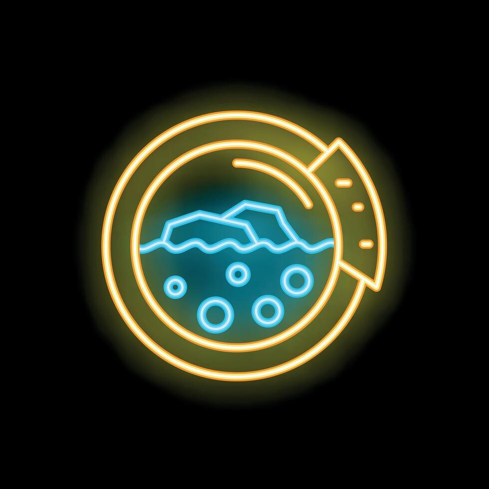 Neon icon of washing machine showing water and laundry inside vector