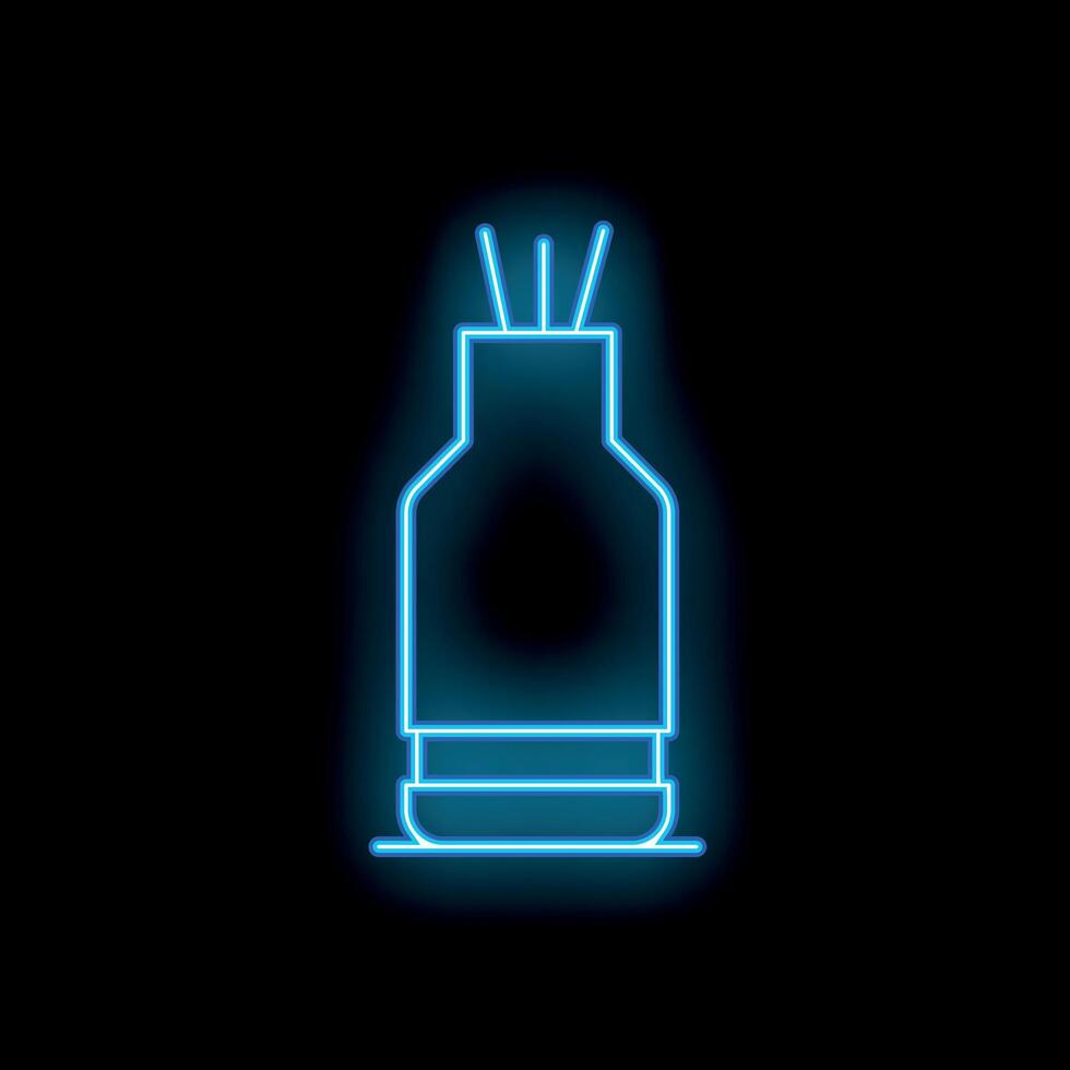 Blue neon sign of aromatic reed diffuser spreading aroma in stylish bottle on black background vector