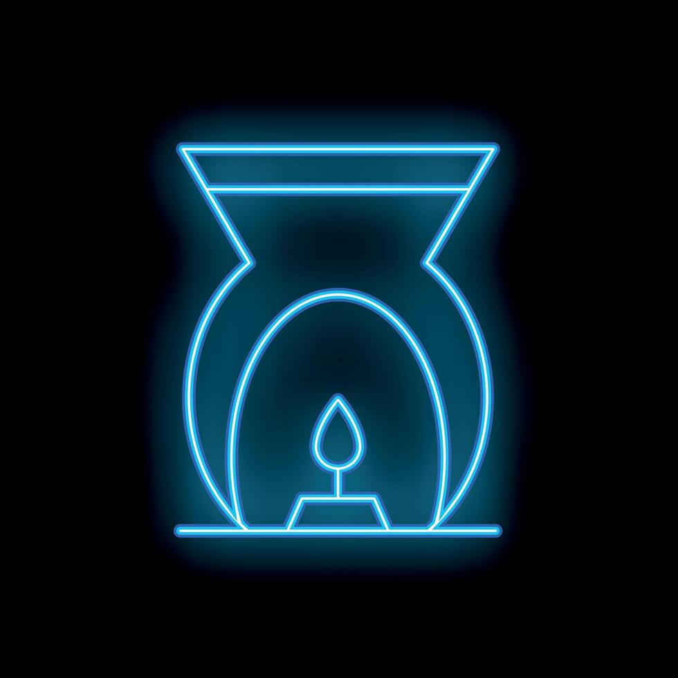 Blue neon sign depicting an oil burner on a dark background vector