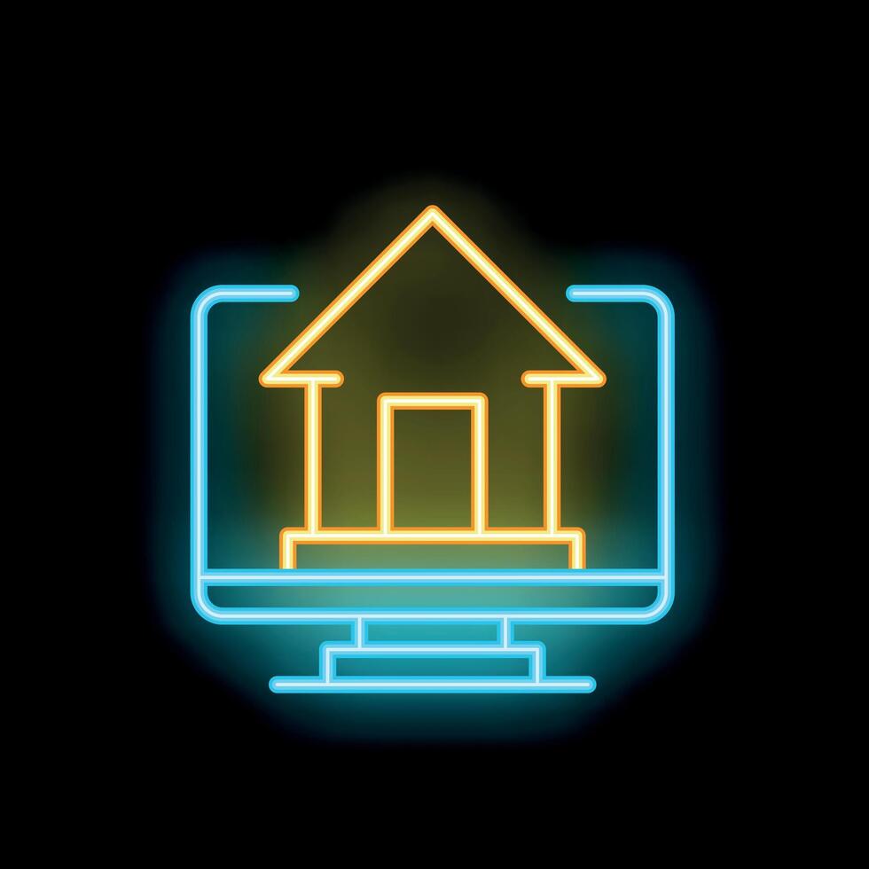 Neon computer screen showing a house icon for real estate website or smart home technology vector