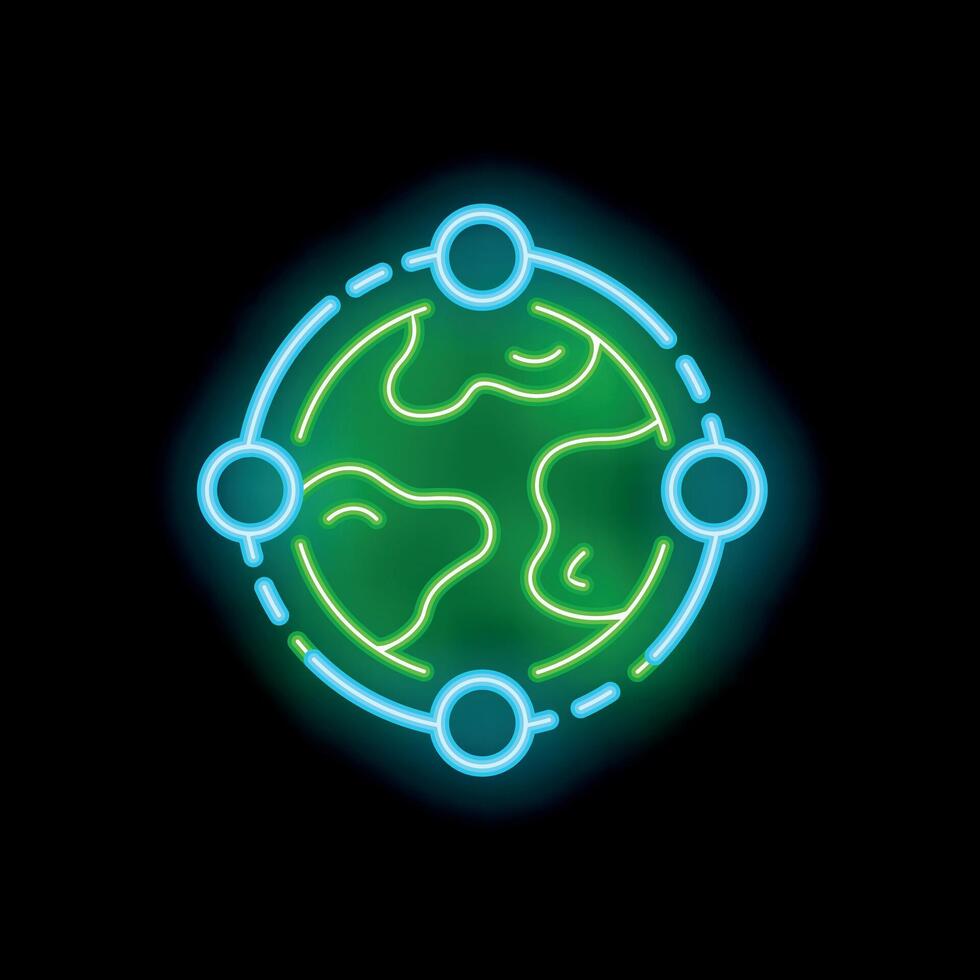 Neon sign representing global network with earth and connections vector