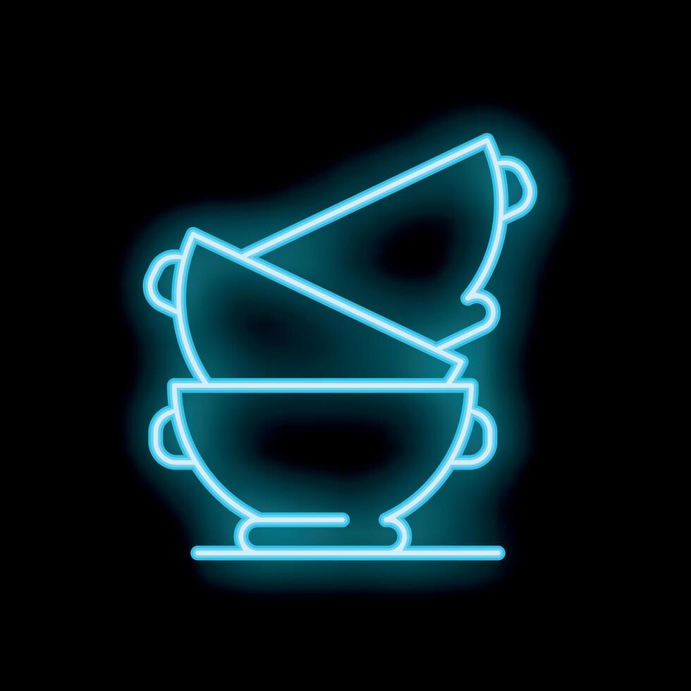 Neon sign of stacked soup bowls glowing on black background vector