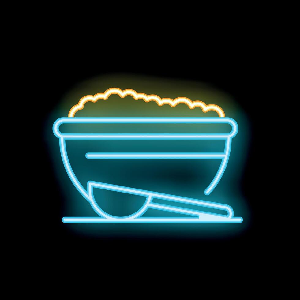 Neon sign showing a bowl overflowing with food and a spoon resting on a plate vector