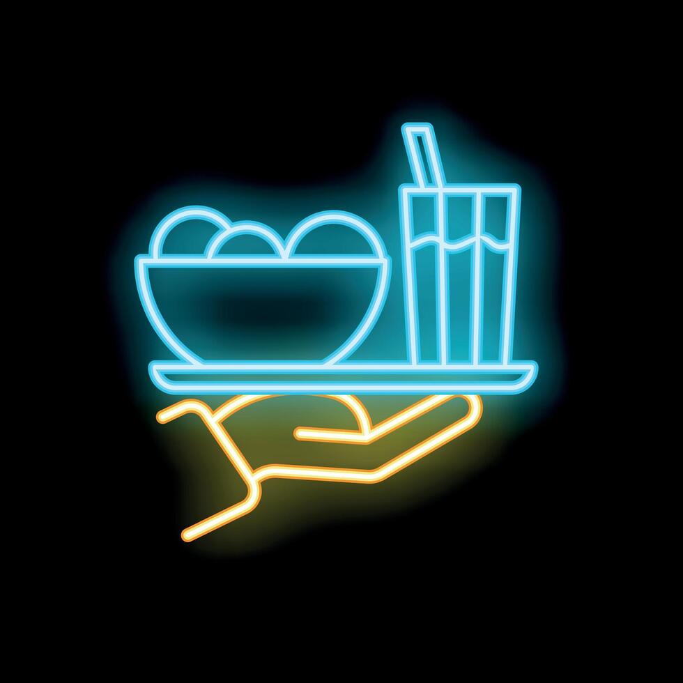 Neon sign of hand holding a tray with food and drink vector