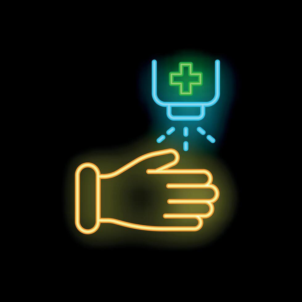 Neon icon of hand sanitizer dispenser being used for disinfection vector