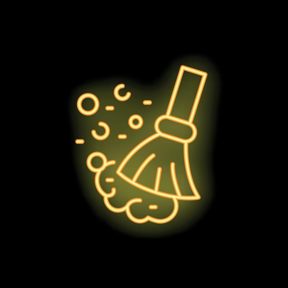 Neon broom sweeping away dust and dirt icon vector