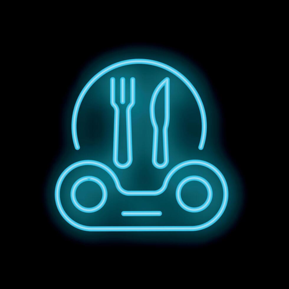 Blue neon sign showing food delivery service with fork and knife on black background vector