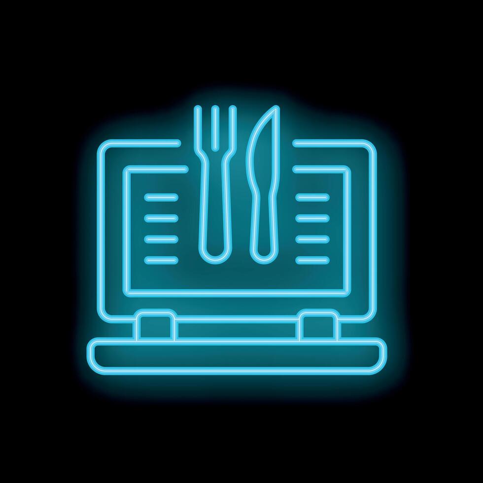 Neon sign of online food ordering with laptop, fork, and knife vector