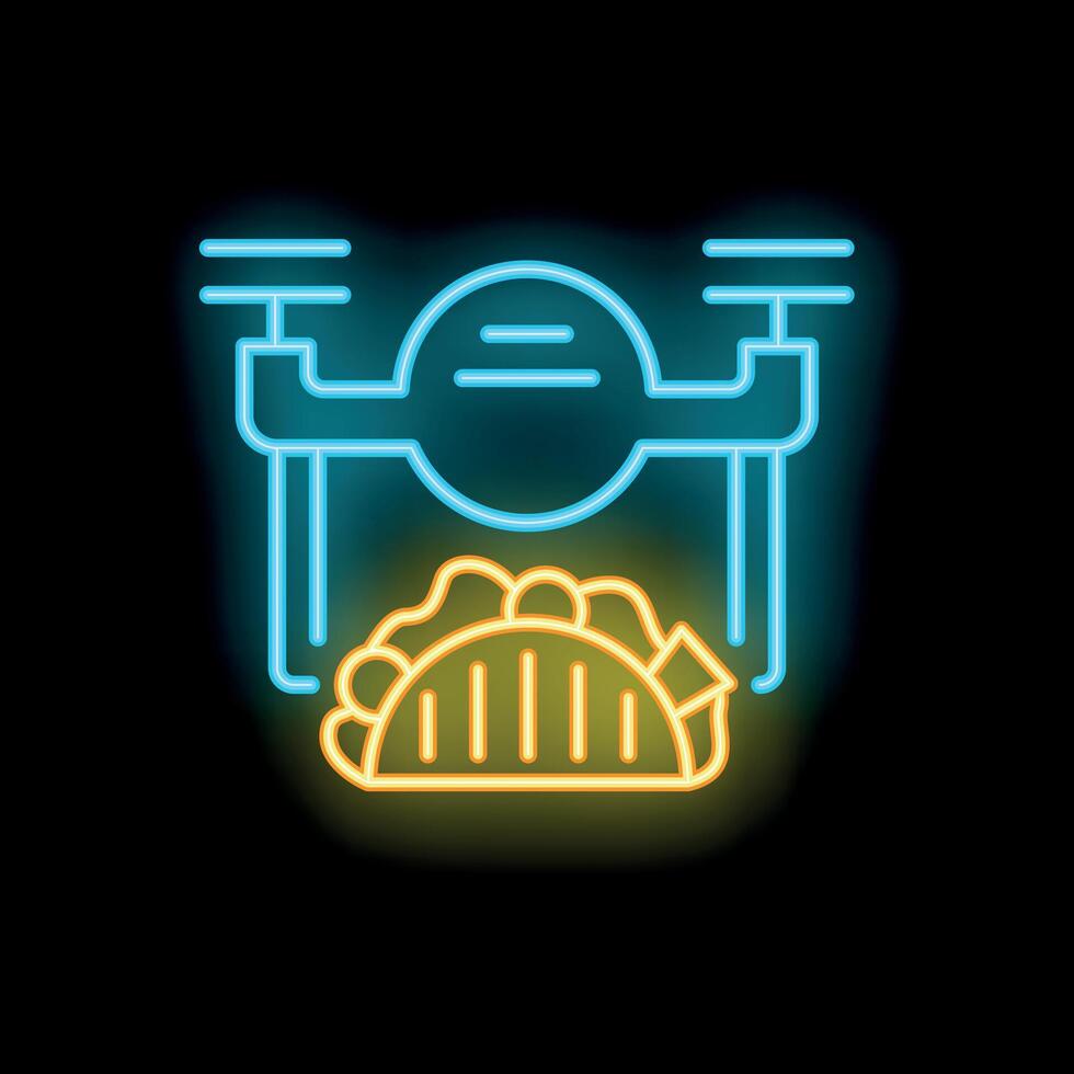 Neon sign representing drone delivering taco in front of black background vector