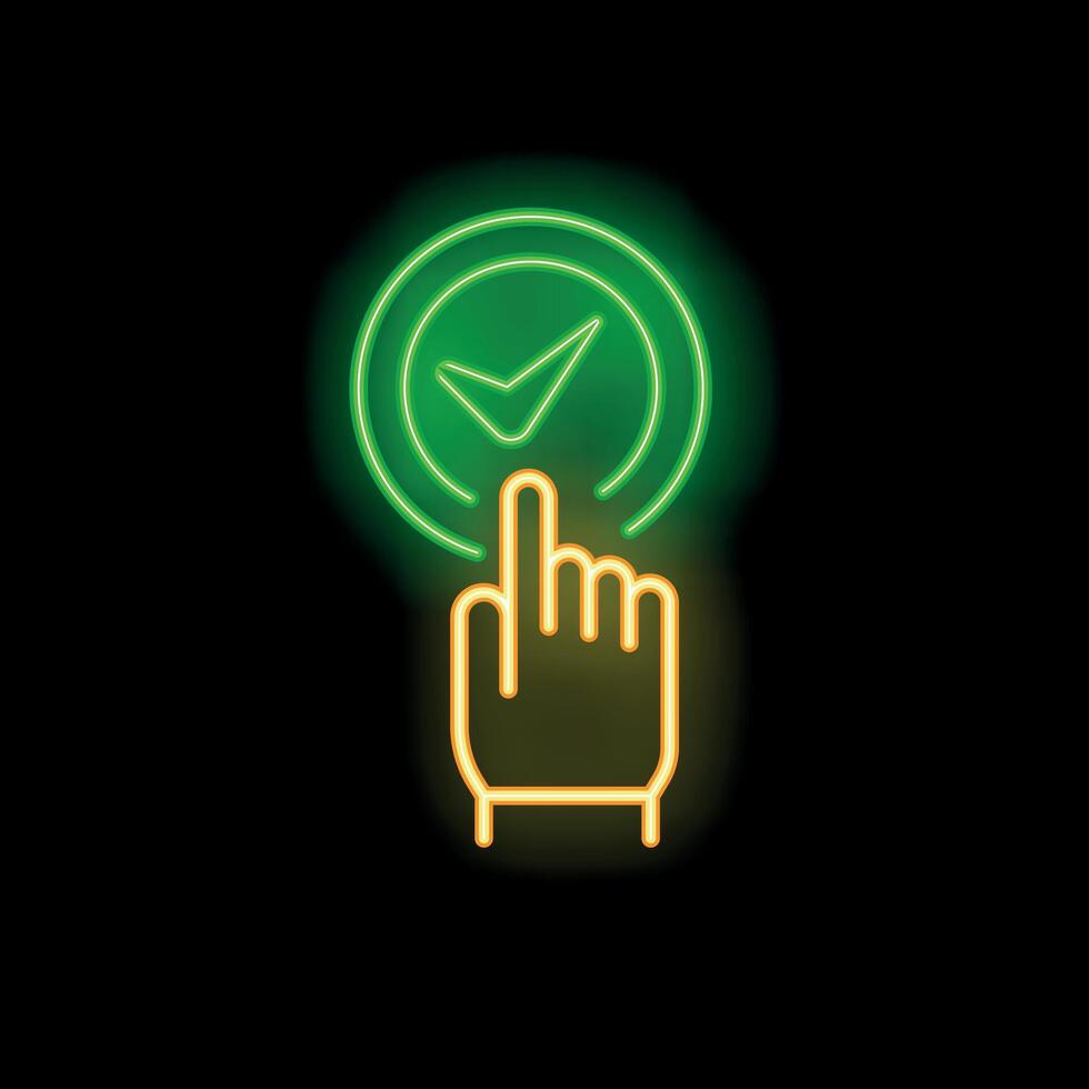 Neon sign hand tapping check mark button icon vector