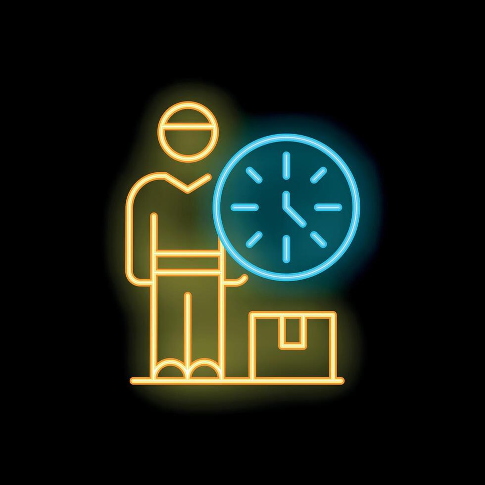Delivery man holding clock express delivery service neon sign vector