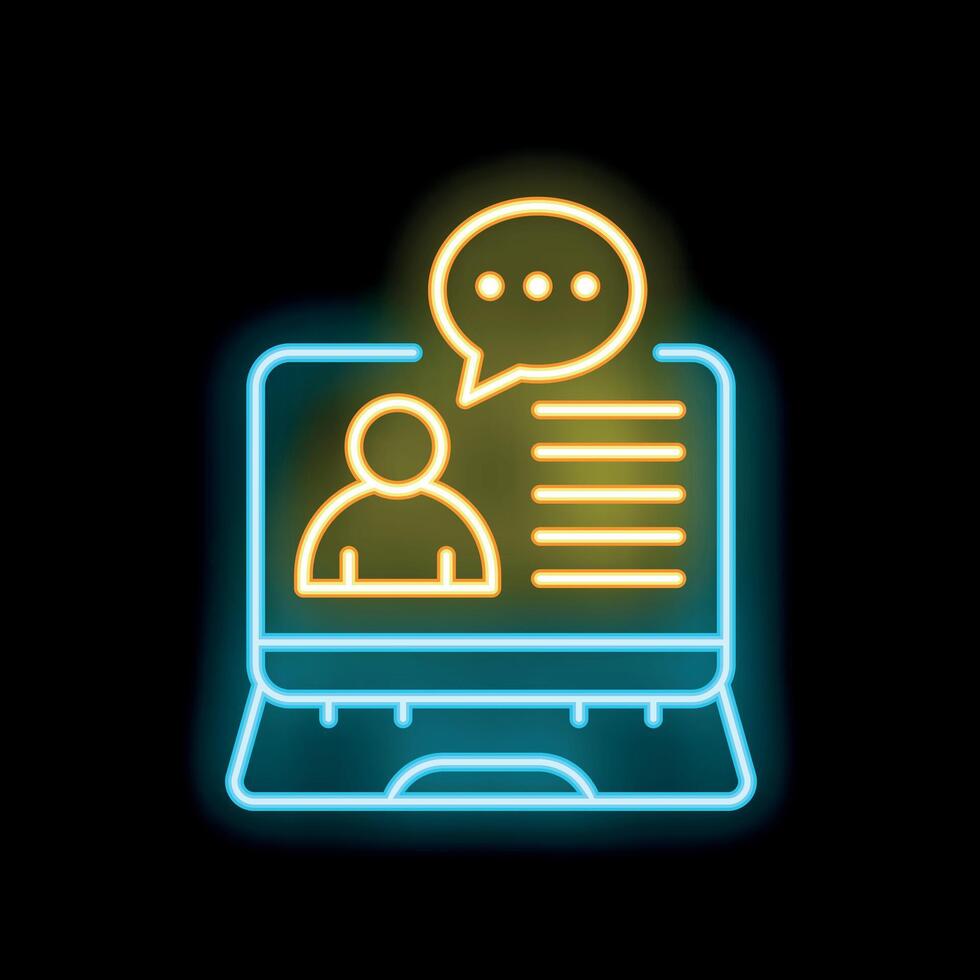 Neon glowing icon of online communication happening on a laptop computer vector