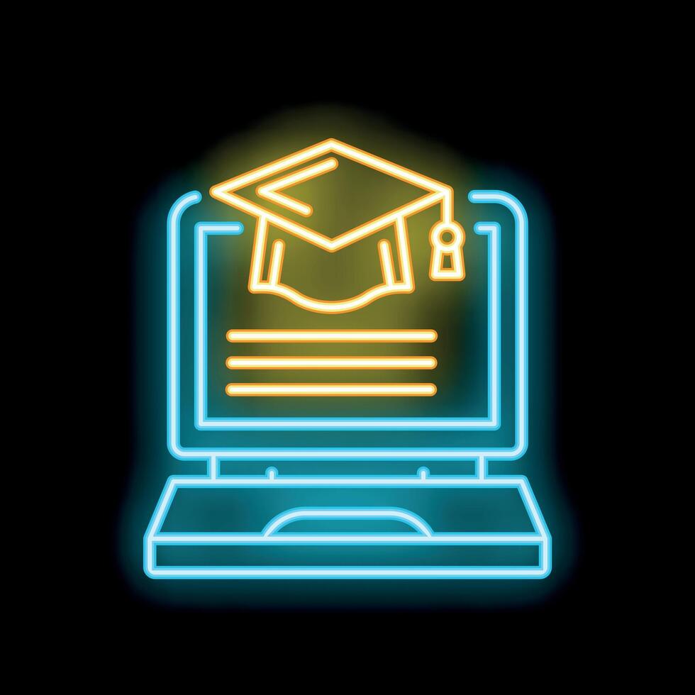 Glowing neon sign icon depicting online education with graduation cap on laptop screen vector