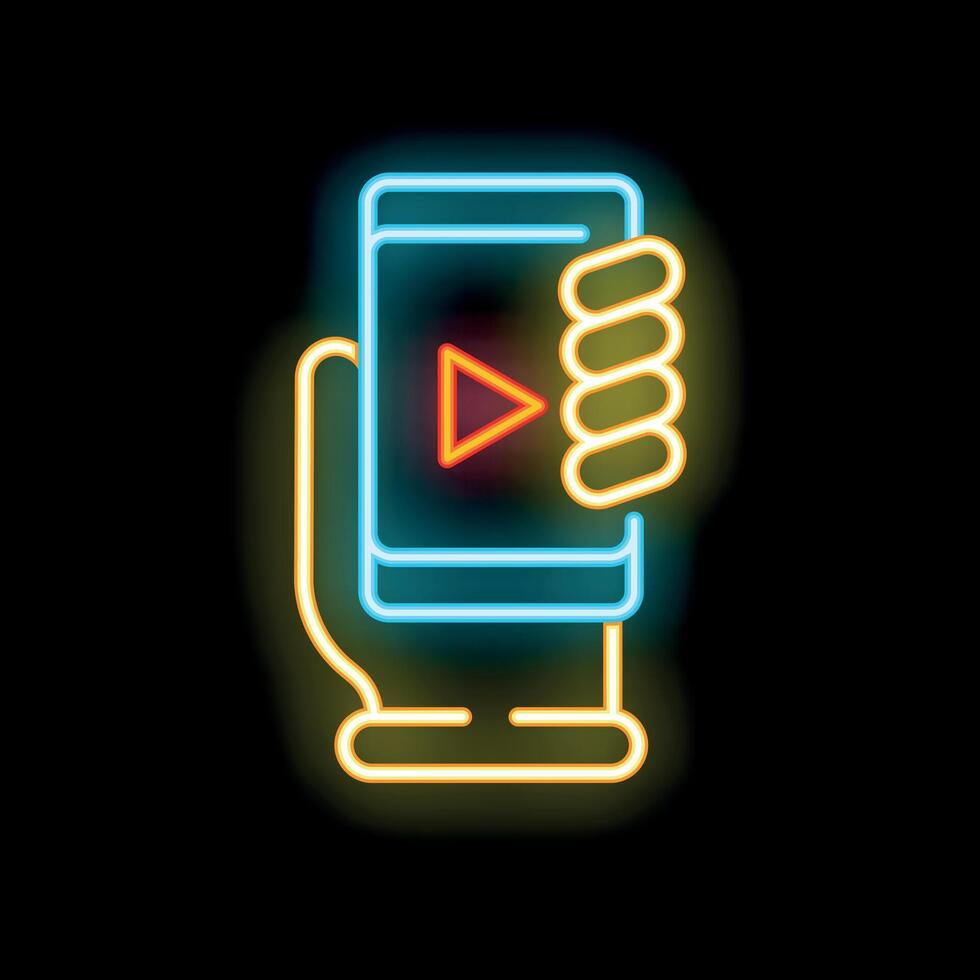 Neon sign of a hand holding a smartphone playing a vector
