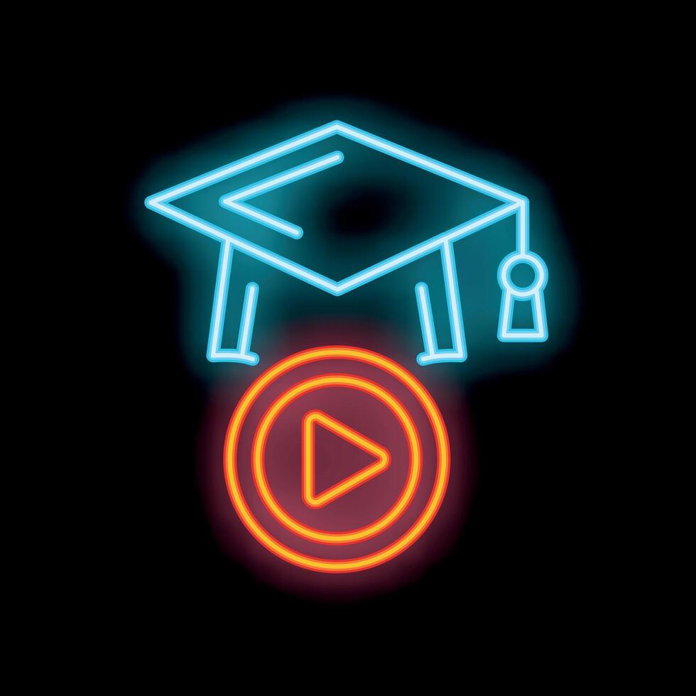 Neon sign representing online education with graduation hat over play button vector