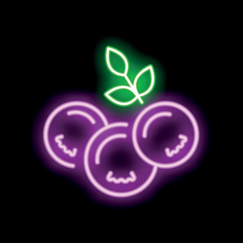 Neon sign featuring three glowing blueberries with leaves on black background vector