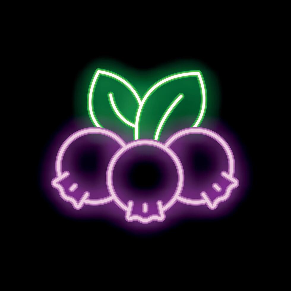 Neon icon of three blueberries with leaves glowing on black background vector