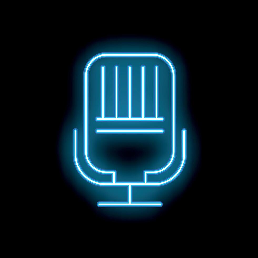 Blue neon sign of a vintage microphone glowing on black background vector
