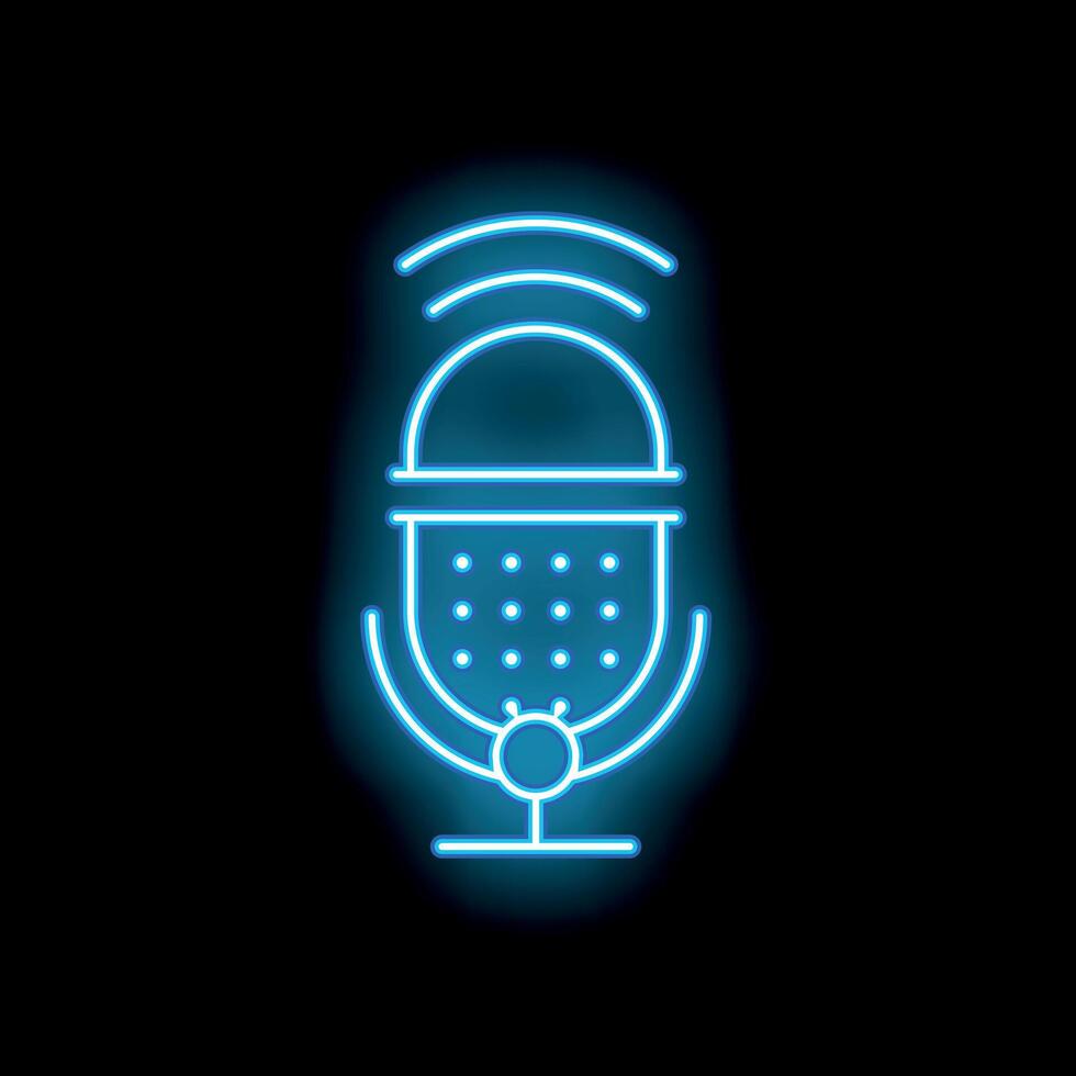 Neon blue microphone transmitting audio waves icon vector