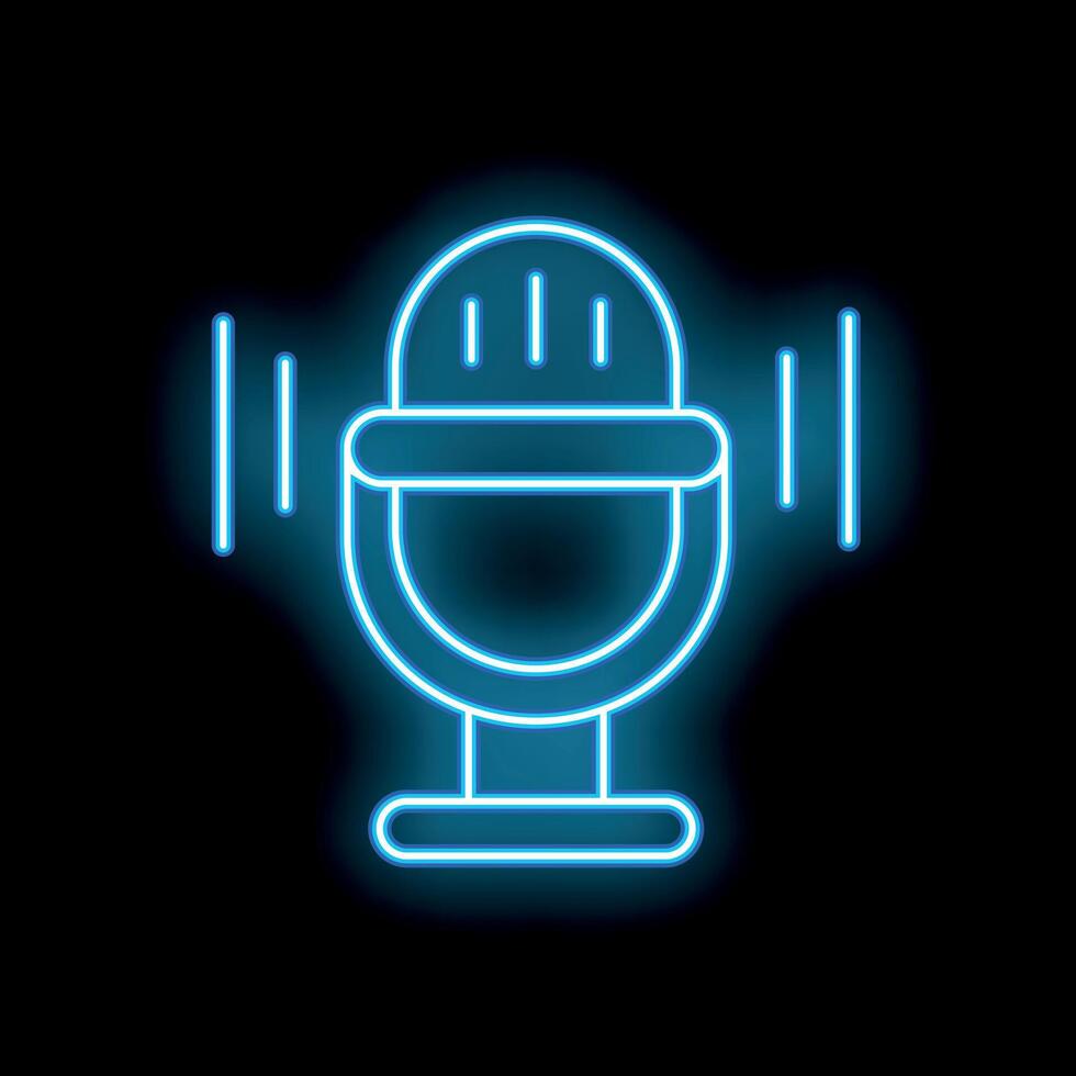 Blue neon microphone icon glowing on dark background vector