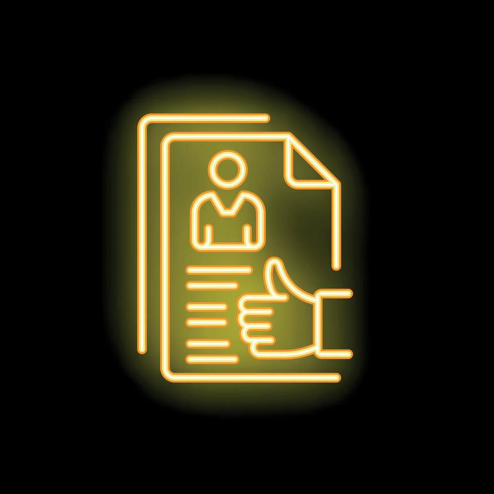 Neon icon of hand giving thumbs up to curriculum vitae vector