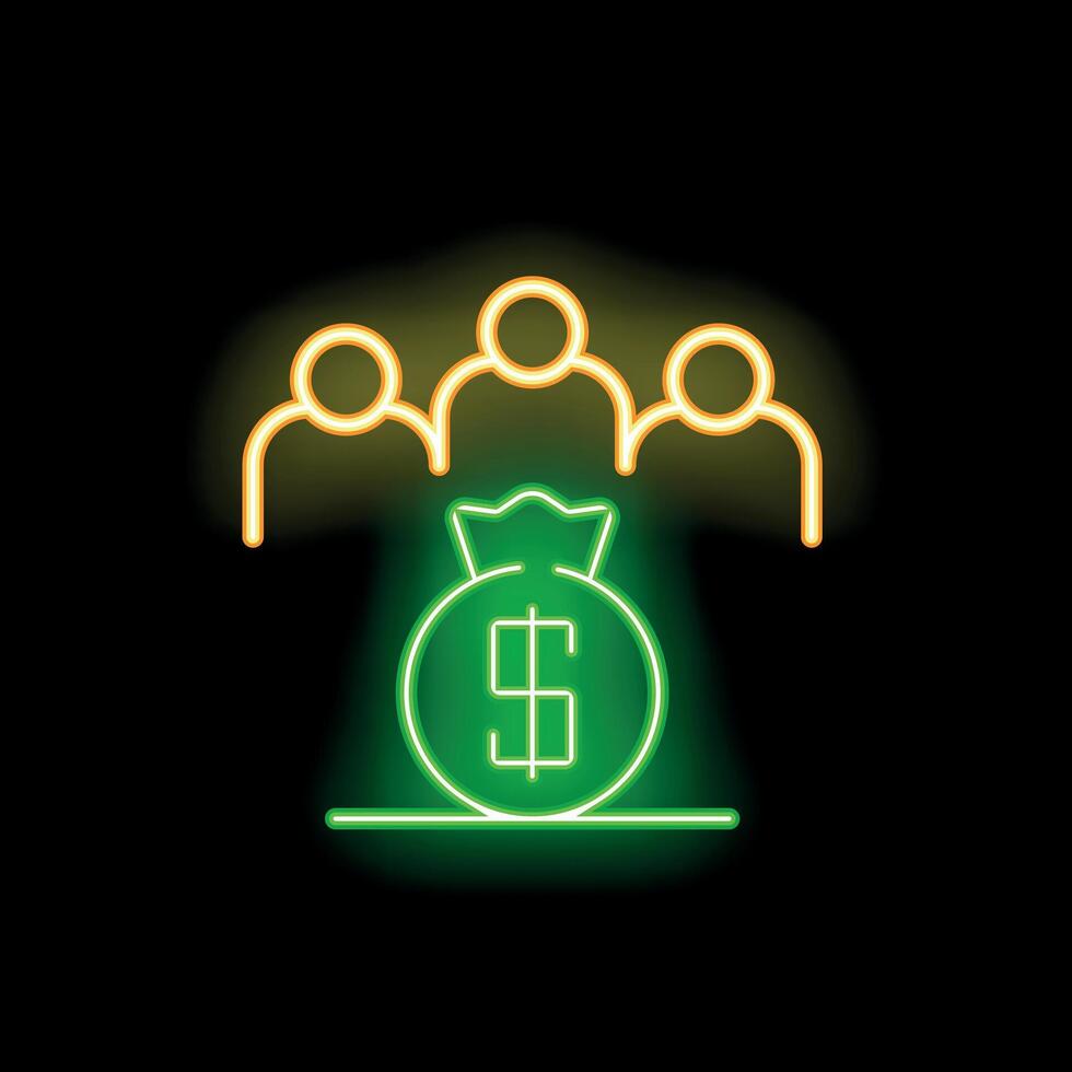 Neon green money bag with dollar sign and three people pictogram on black background vector