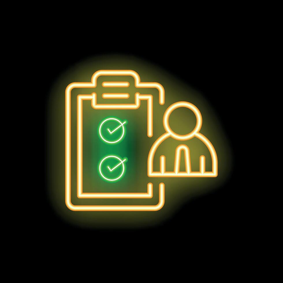 Neon icon of businessman completing checklist for business success vector